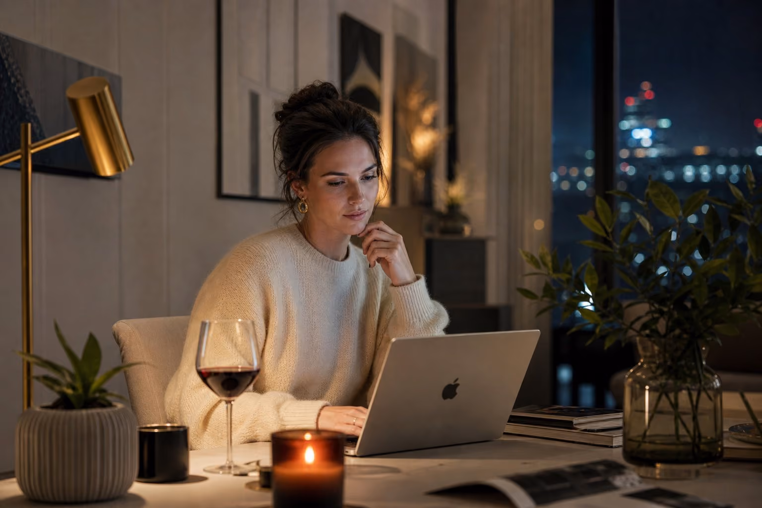 Vrouw werkt thuis achter een laptop als webcammodel